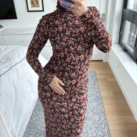 SOLD - Ramy Brook Turtleneck Floral Print Bodycon Midi Dress Brown Small - Picture 6 of 10